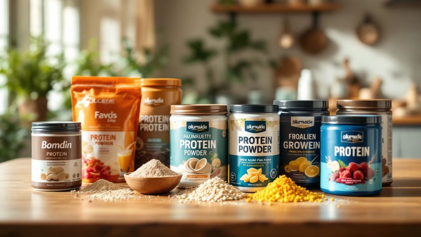 Variety of protein powder containers on a wooden table.