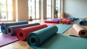 Colorful yoga mats in a bright studio setting.