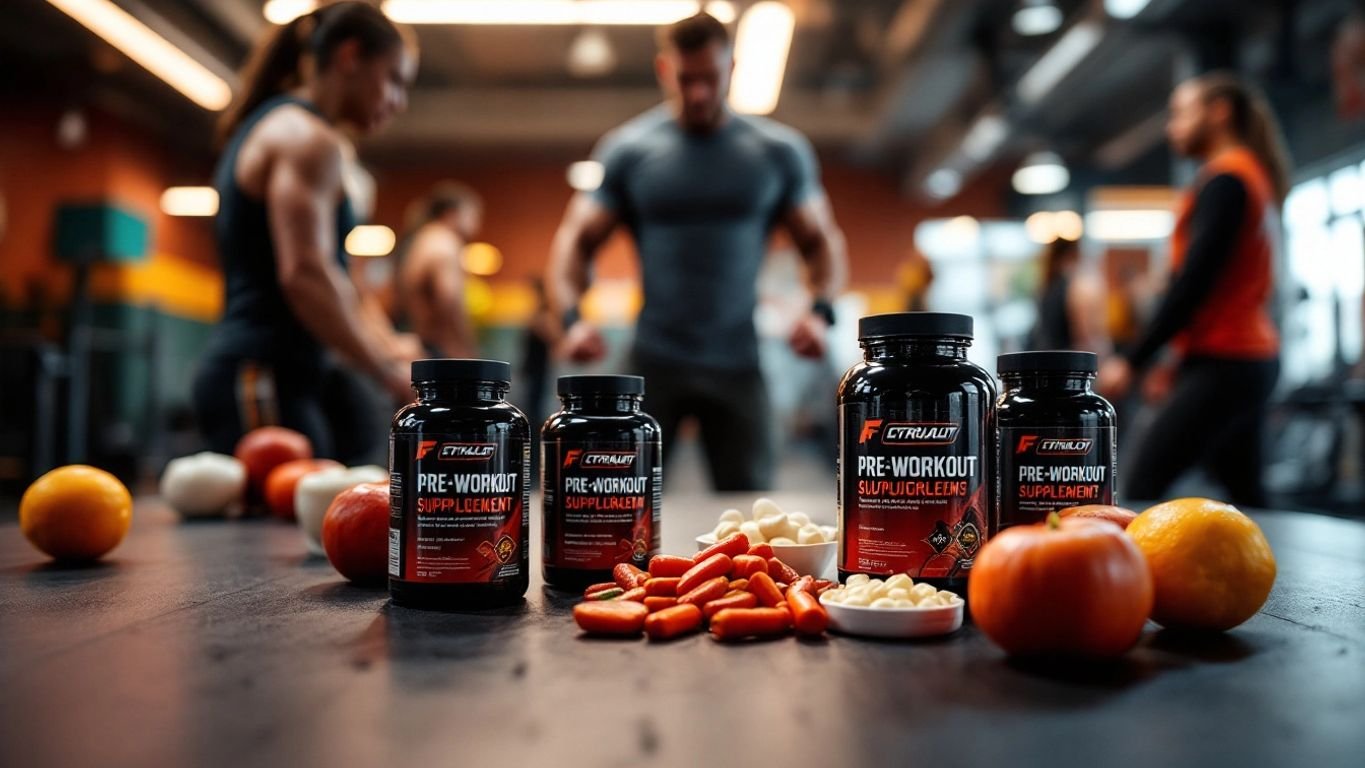 Athletes training with pre-workout supplements in a gym.