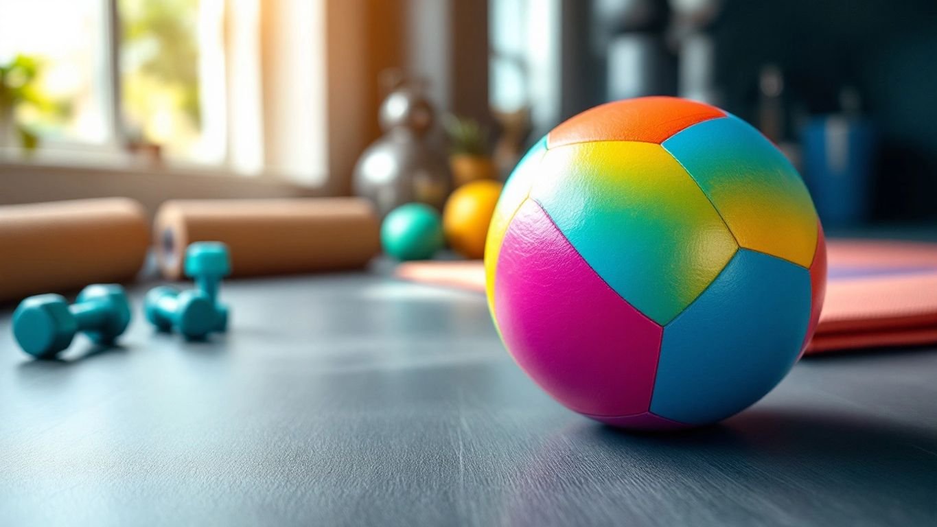 Colorful medicine ball on gym floor with equipment.