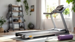 Modern treadmill in a bright home gym setting.