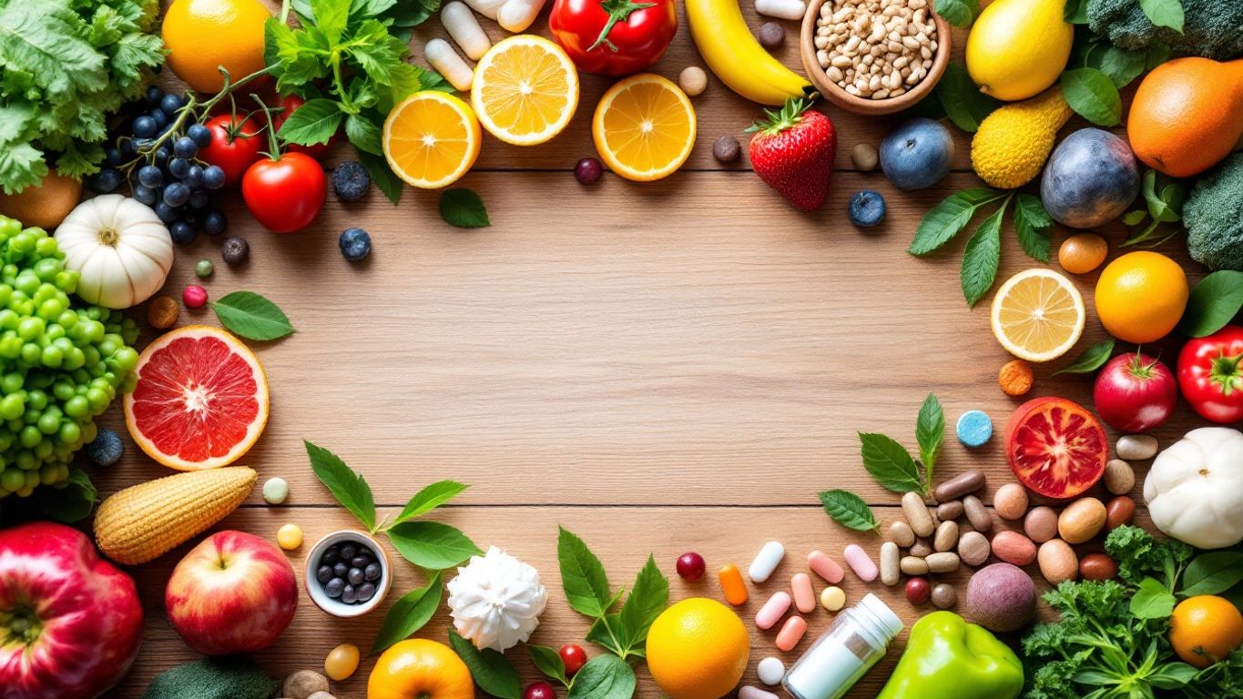 Vitamins and supplements for seniors on a wooden table.