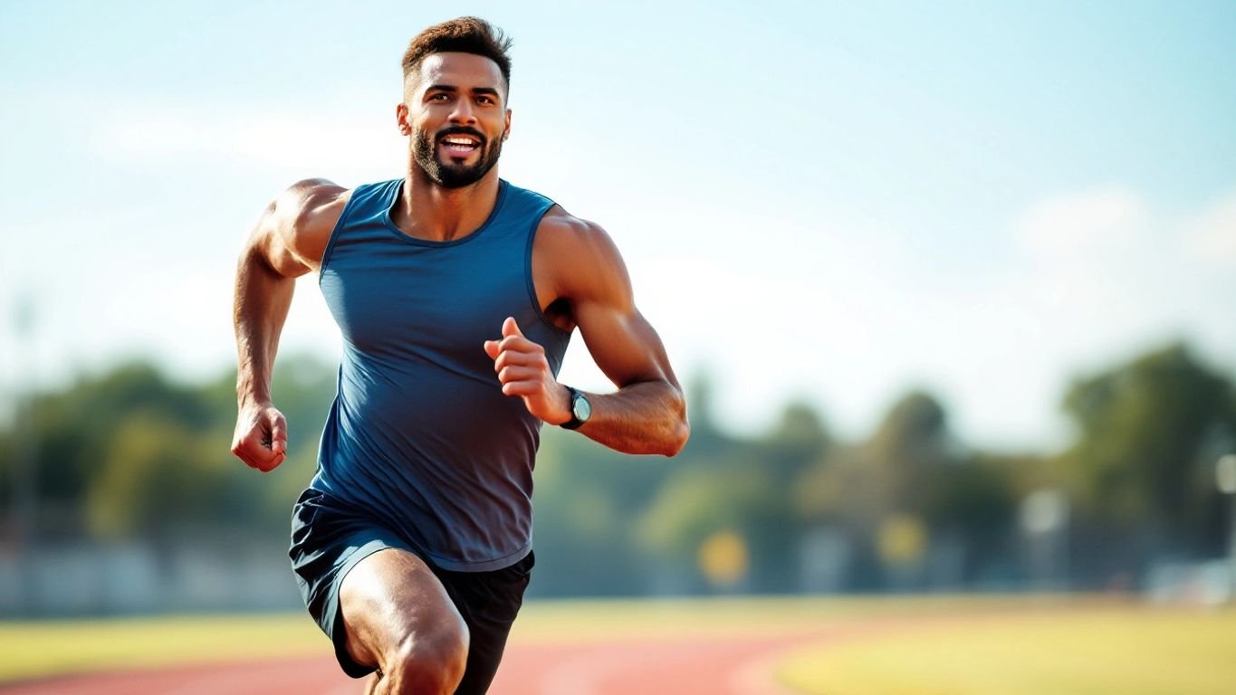 Runner sprinting on track with vibrant background.Does Running Boost Testosterone