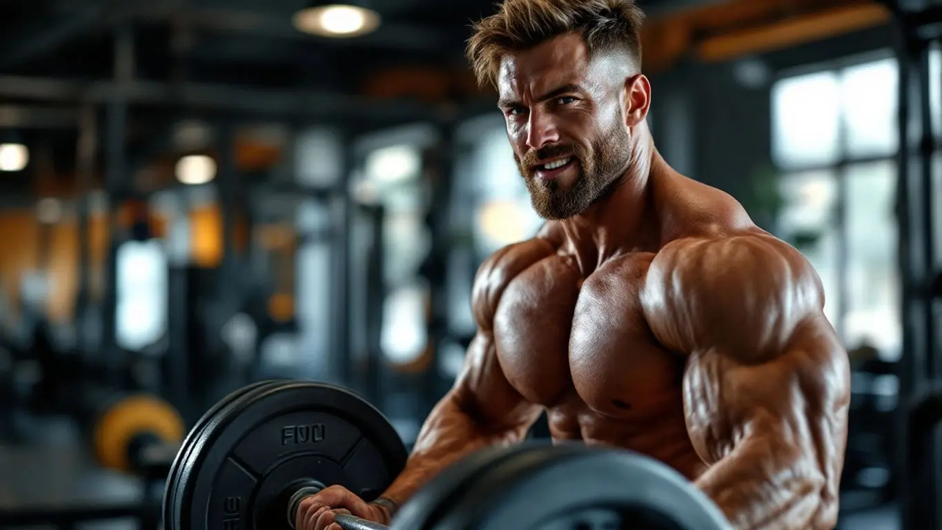 Fit man lifting weights in a gym setting.