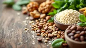 Close-up of magnesium-rich foods on a wooden table.Magnesium for Testosterone Boost