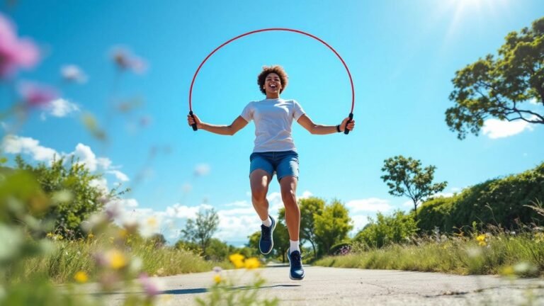 Person jumping rope in a bright outdoor setting.