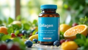 Collagen supplements with fruits and herbs on a table.