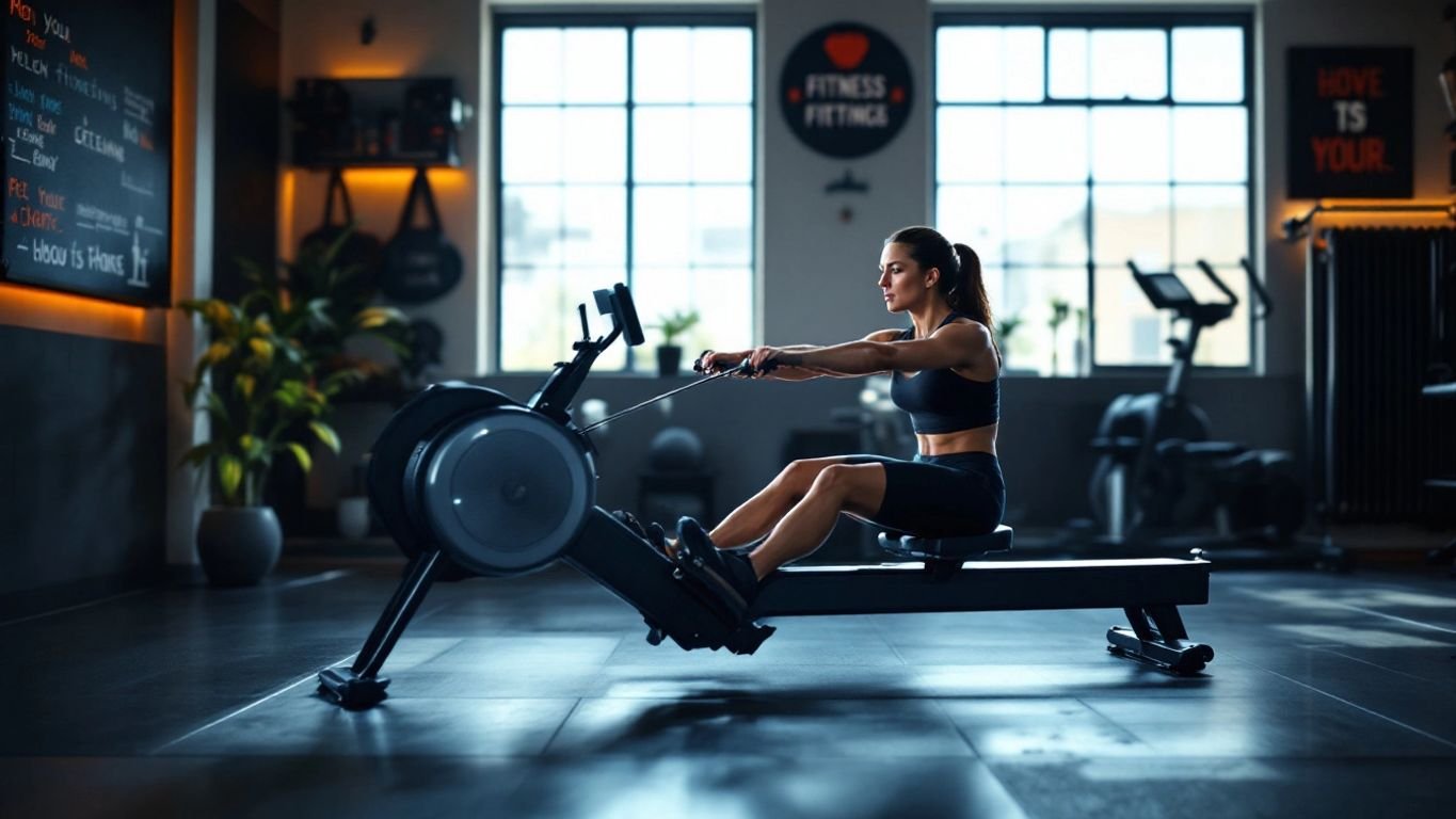 Person exercising on a rowing machine in a gym.