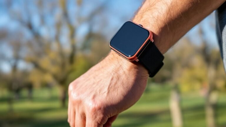 Heart rate monitor on wrist during outdoor exercise.