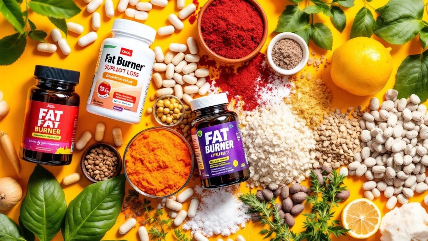 Colorful fat burner supplements on a bright background.