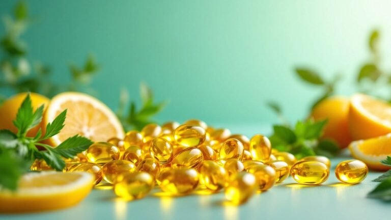 Close-up of omega-3 capsules with herbs and citrus.