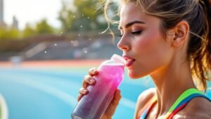 Athlete drinking sports drink on a track field.