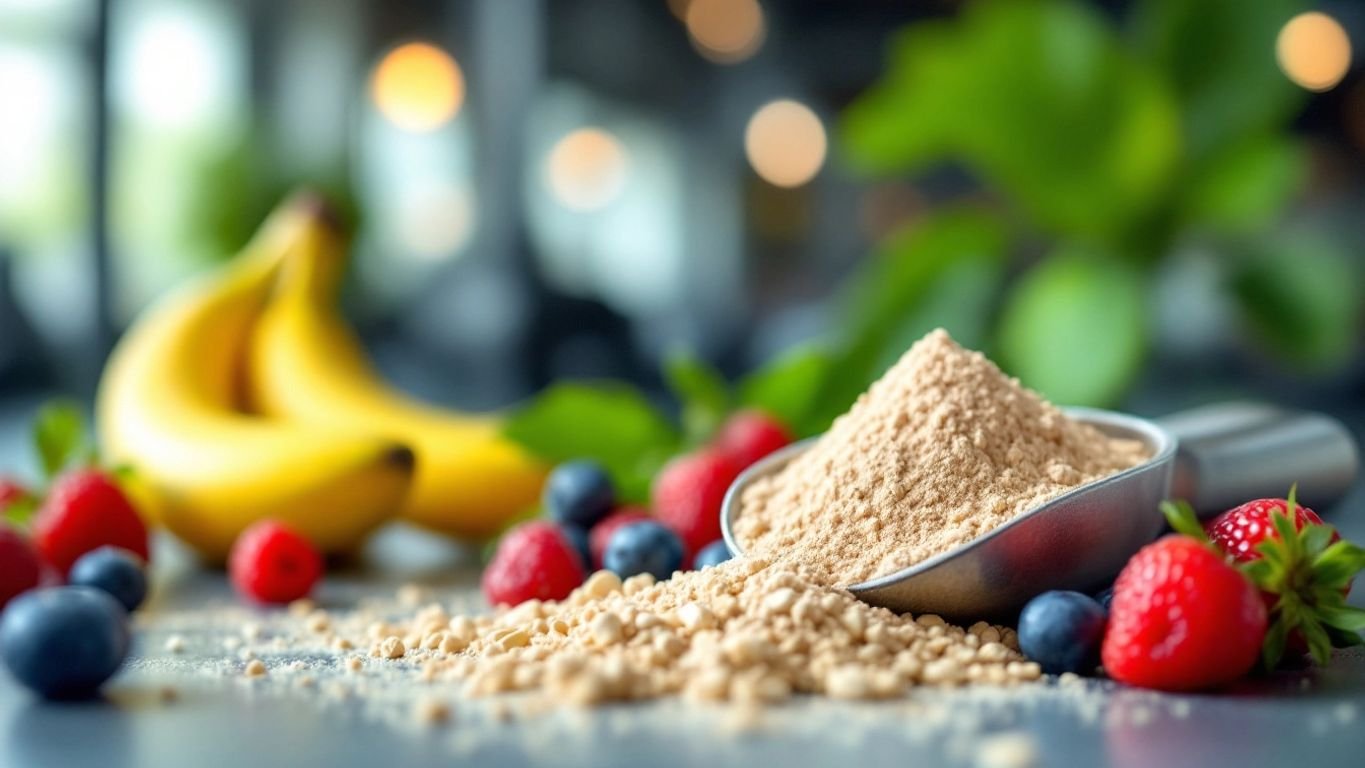 BCAA powder scoop with fresh fruits in gym setting.