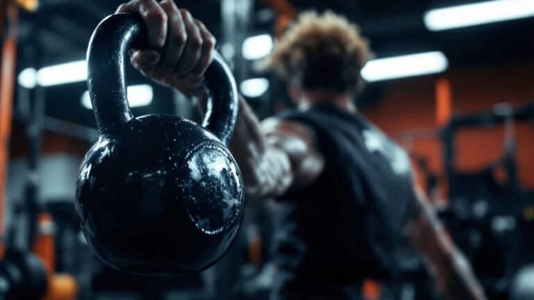 Person lifting a kettlebell in a gym setting.