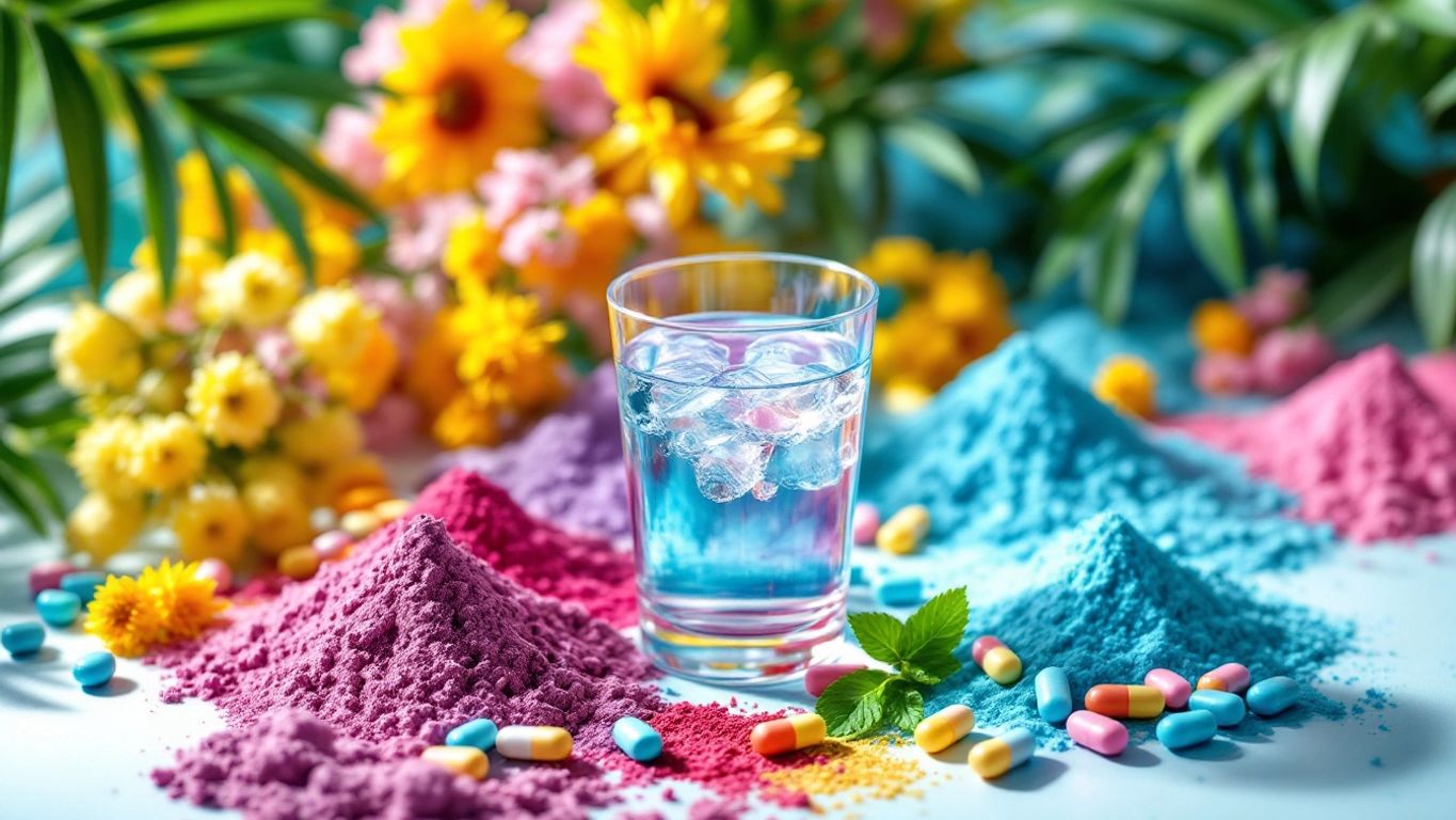 Refreshing water and colorful hydration supplements on a table.