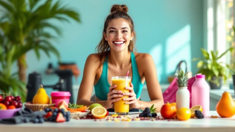 Fitness enthusiast with protein shake and fruits after workout.