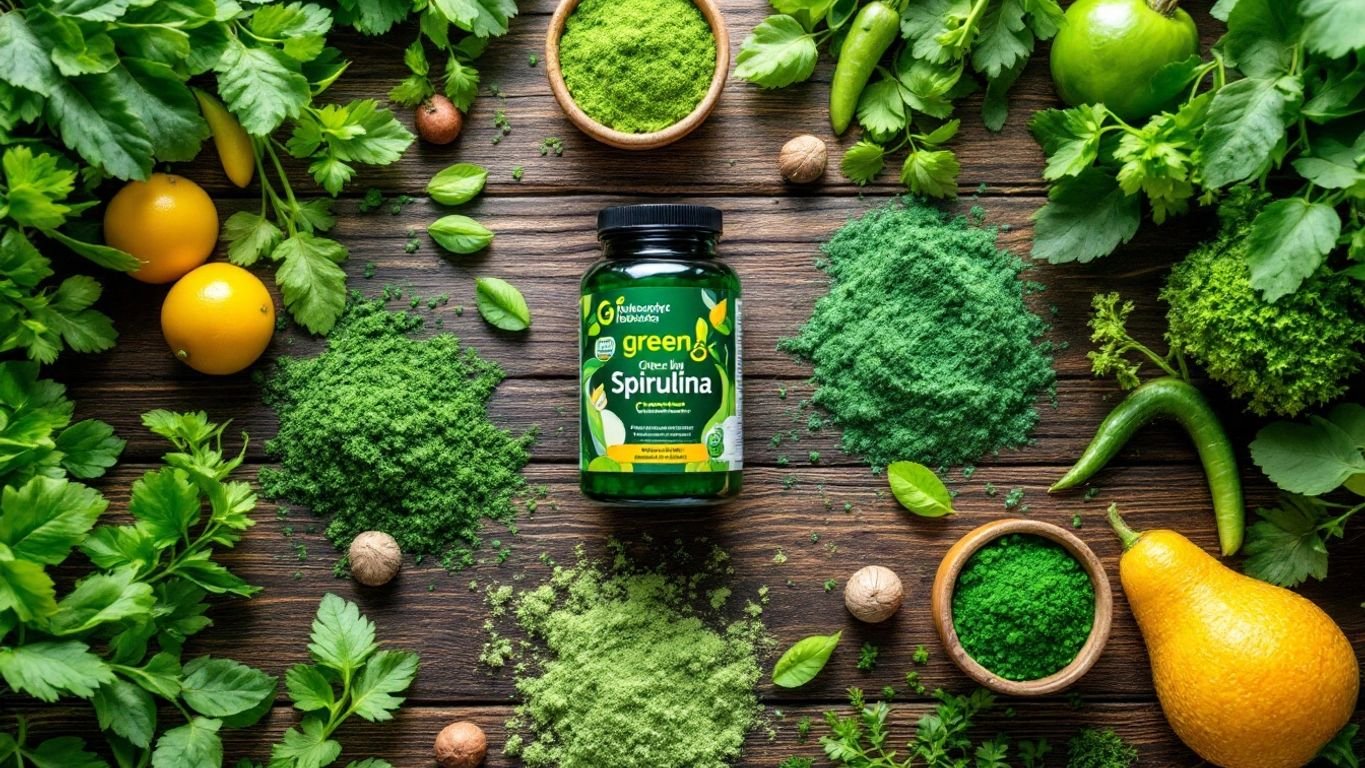 Green supplements with fresh vegetables on a wooden surface.