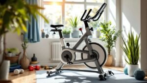 Modern exercise bike in a bright home gym setting.