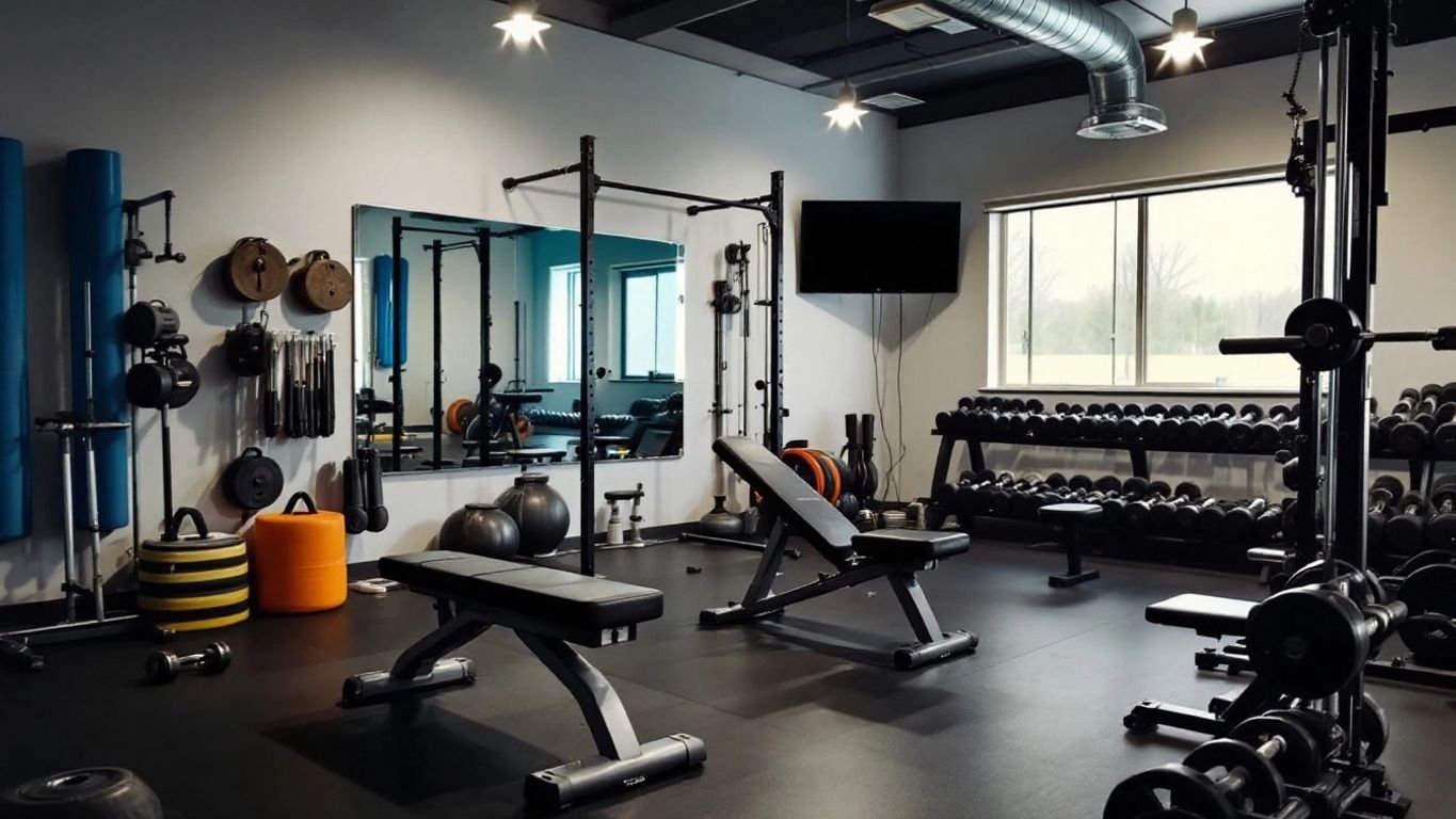 Home gym with weight benches and fitness equipment.