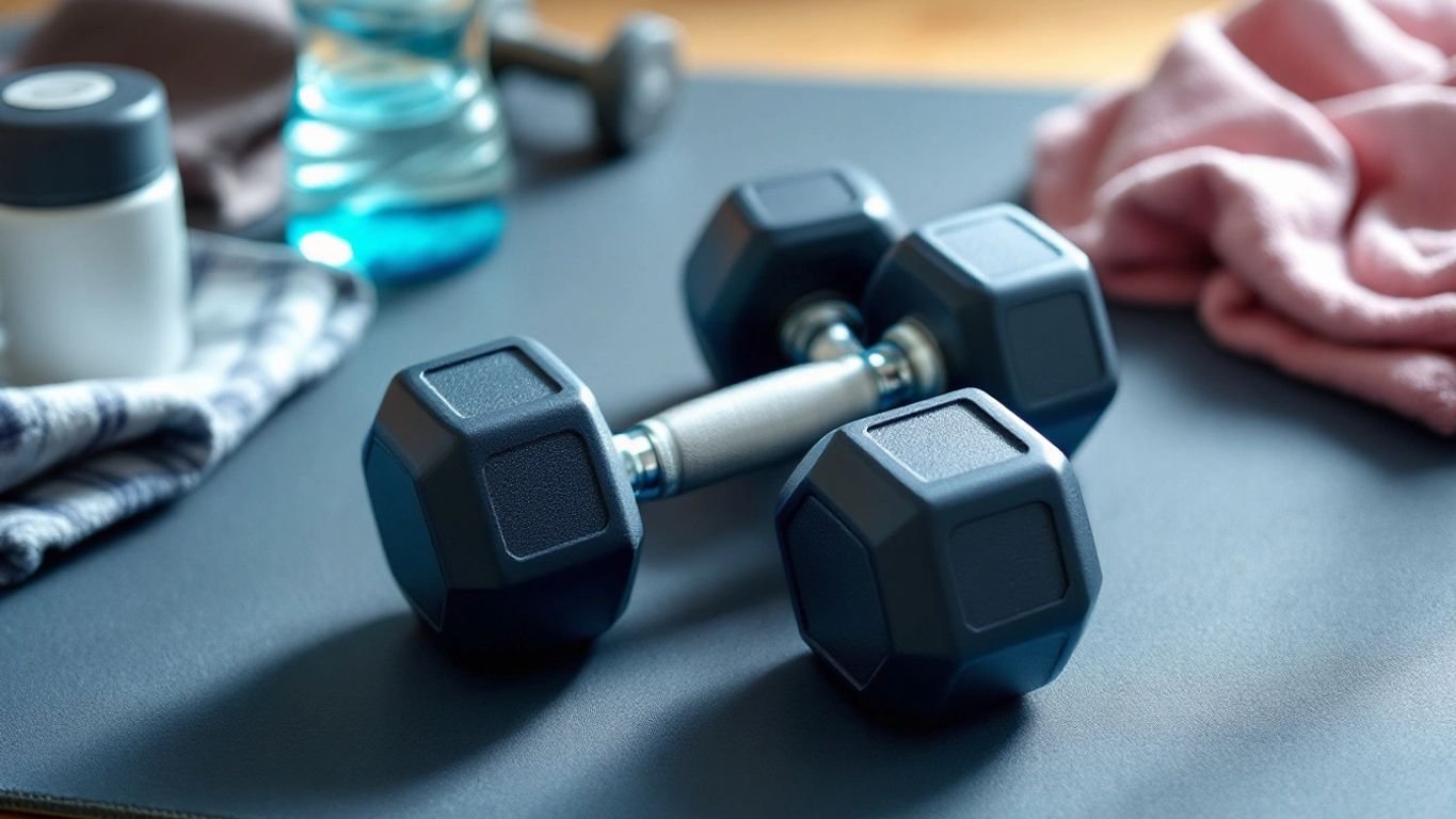 Adjustable dumbbells on a workout mat at home.