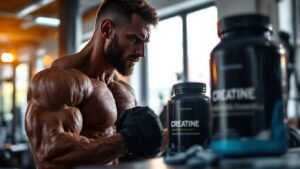 Athlete lifting weights with creatine supplements in view.