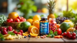 Colorful multivitamin bottles with fresh fruits on table.