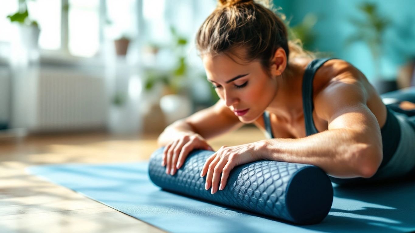 Person foam rolling on a yoga mat for recovery.