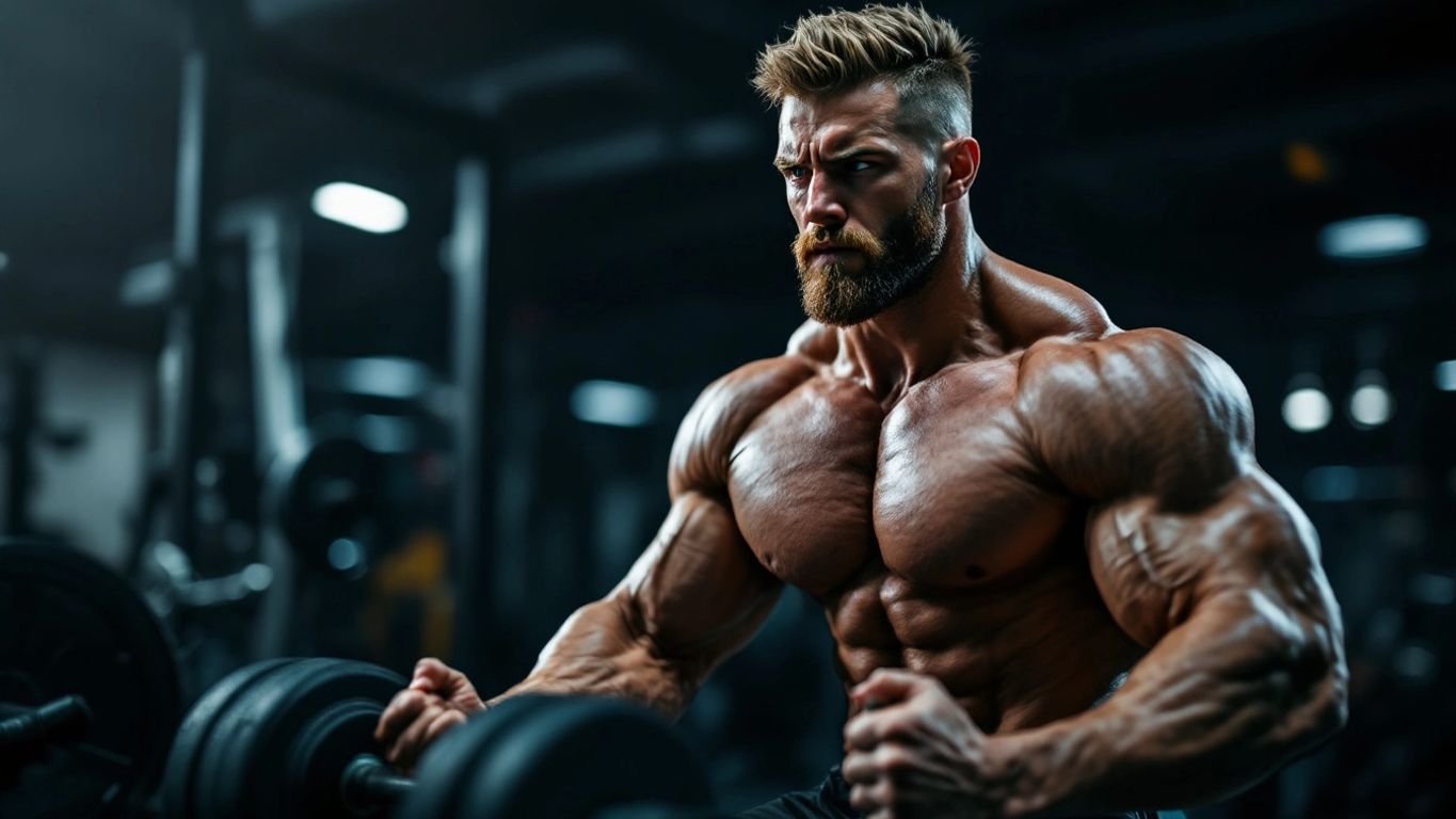 Muscular man exercising in a gym environment.