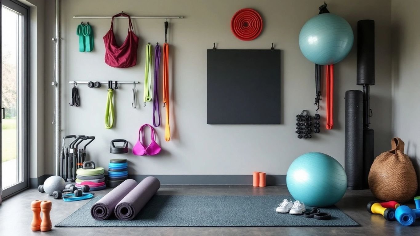 Home gym setup with essential workout equipment.