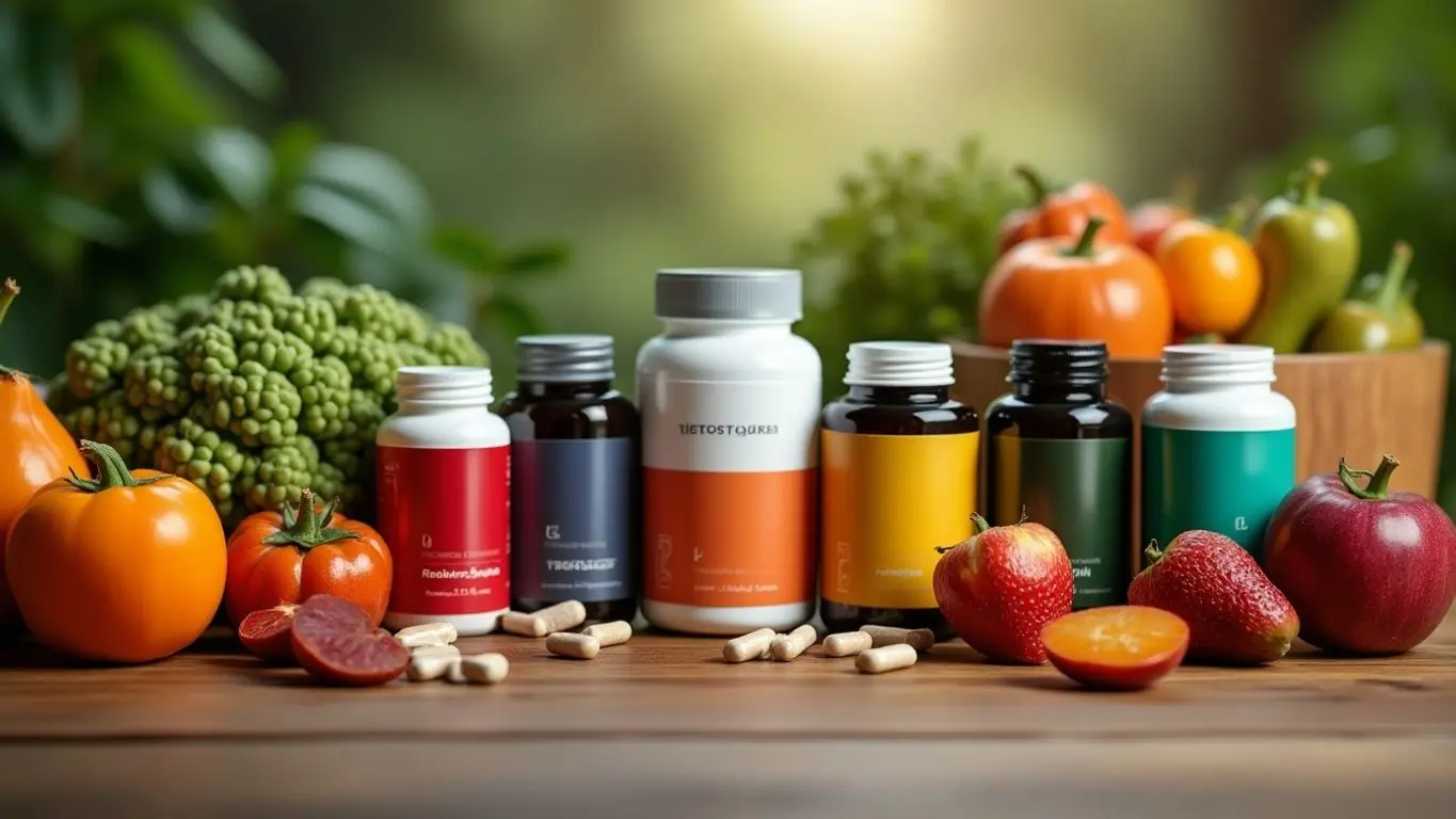 Testosterone booster supplements with fruits and vegetables on table.