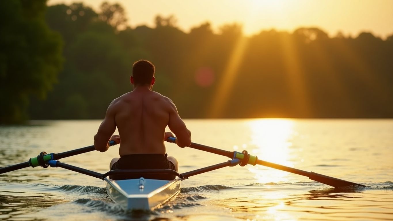 A person rowing on a serene lake during sunrise.