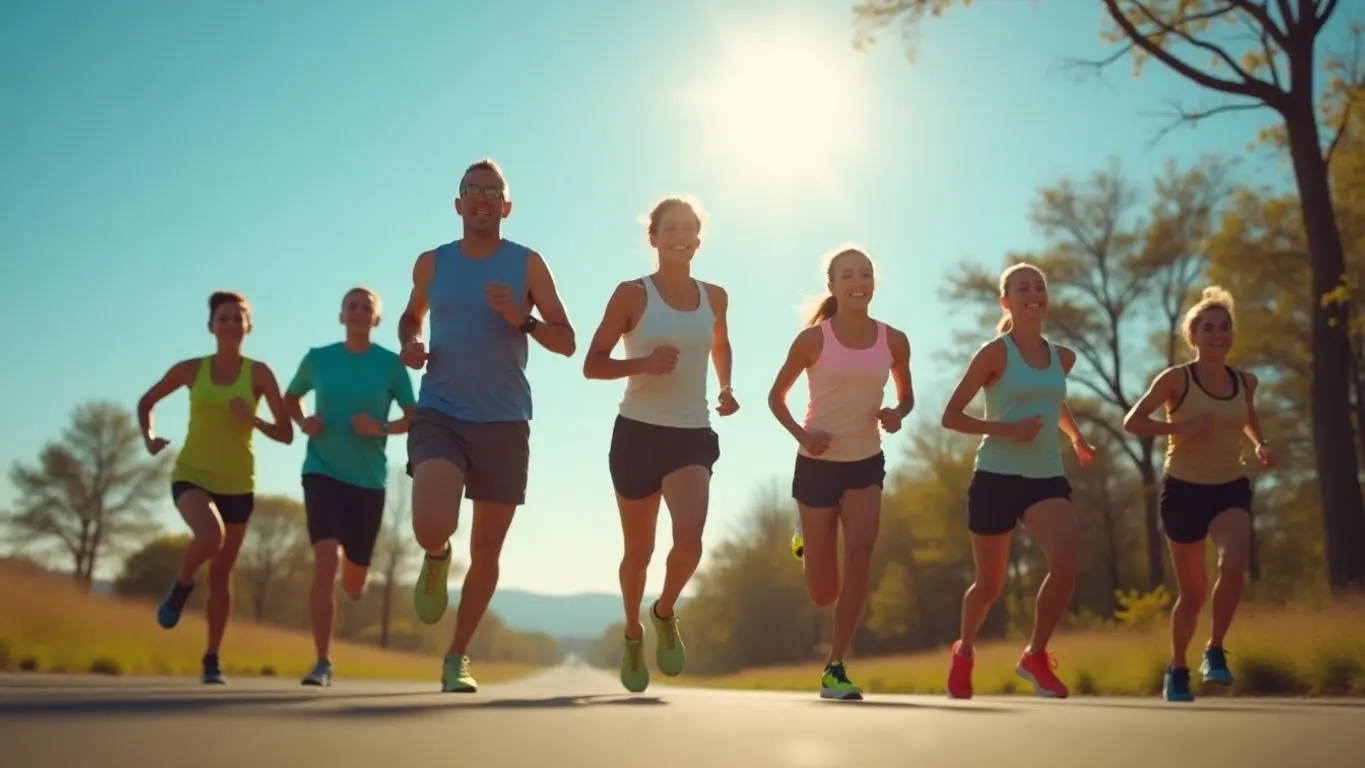 Group of diverse runners energetically running outdoors.