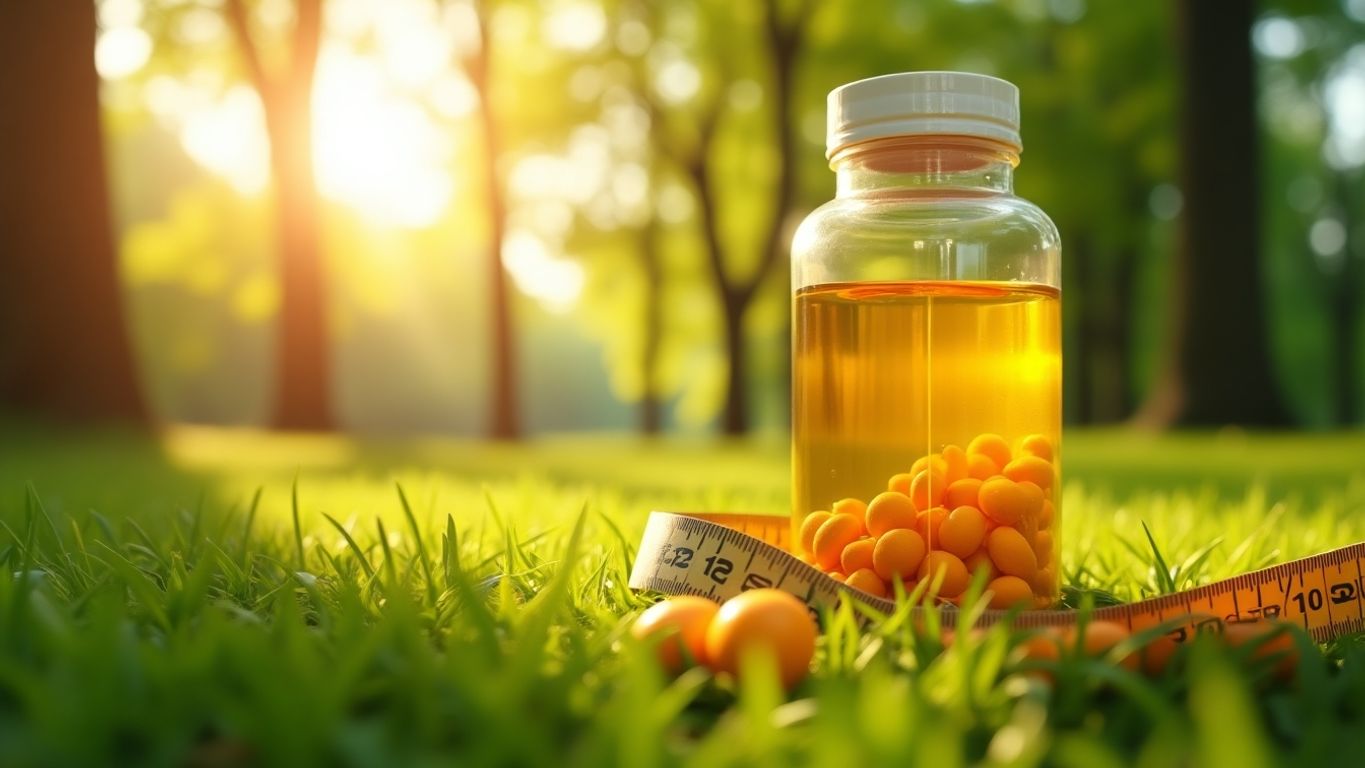 Sunlight through trees with vitamin D supplements on grass.