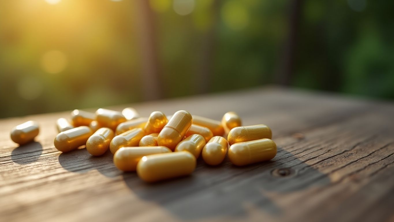 Testosterone booster capsules on a wooden surface.