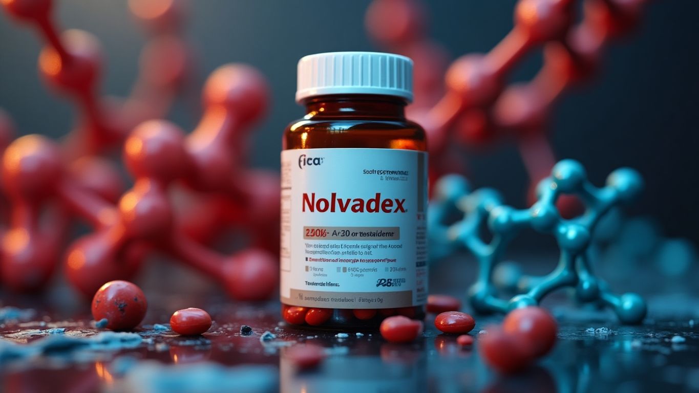 Bottle of Nolvadex with testosterone-related elements.