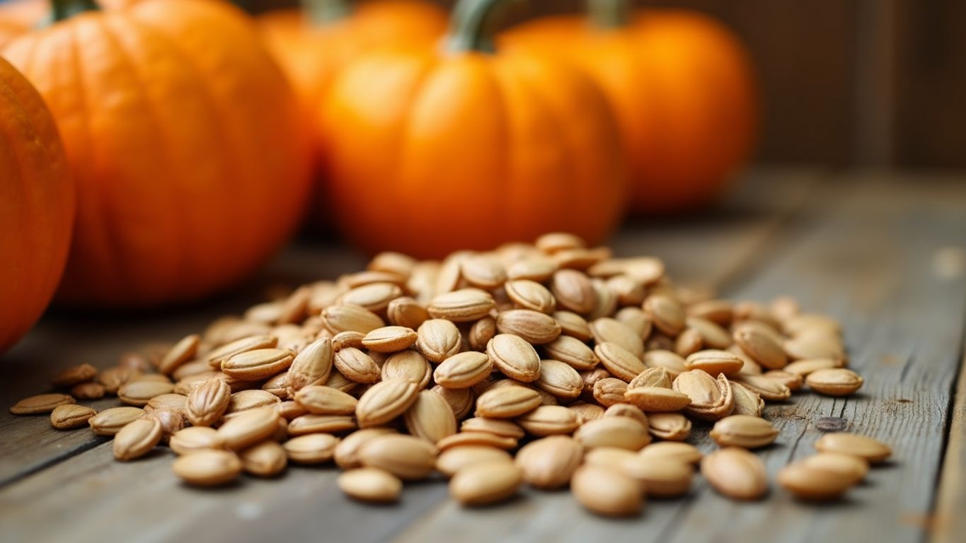 Pumpkin seeds on a wooden surface with pumpkins behind.