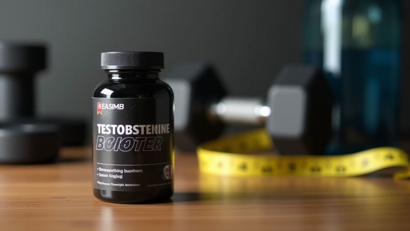 Bottle of testosterone boosters with fitness accessories.