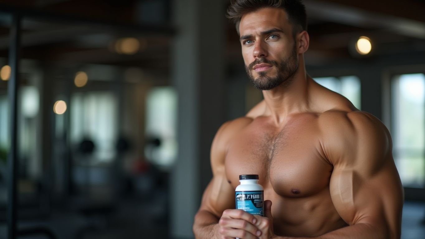 Muscular man in gym holding testosterone supplement bottle.Are Testosterone Boosters Safe for Men