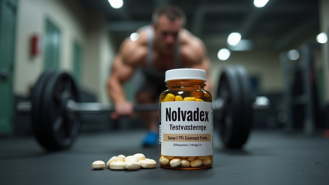 Pill bottle of Nolvadex with fitness elements.