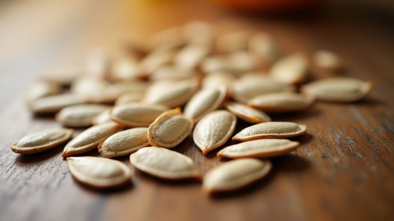 Close-up of pumpkin seeds on a wooden surface.