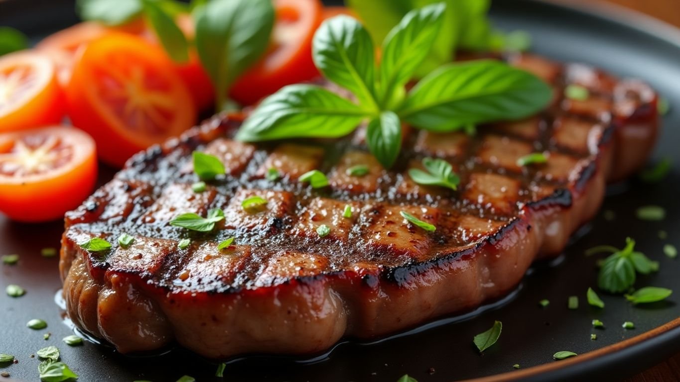 Grilled venison steak with fresh herbs and vegetables.