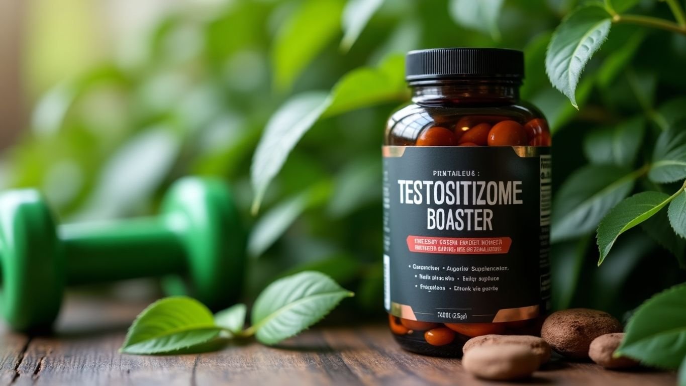 Testosterone booster bottle with fitness accessories and greenery.