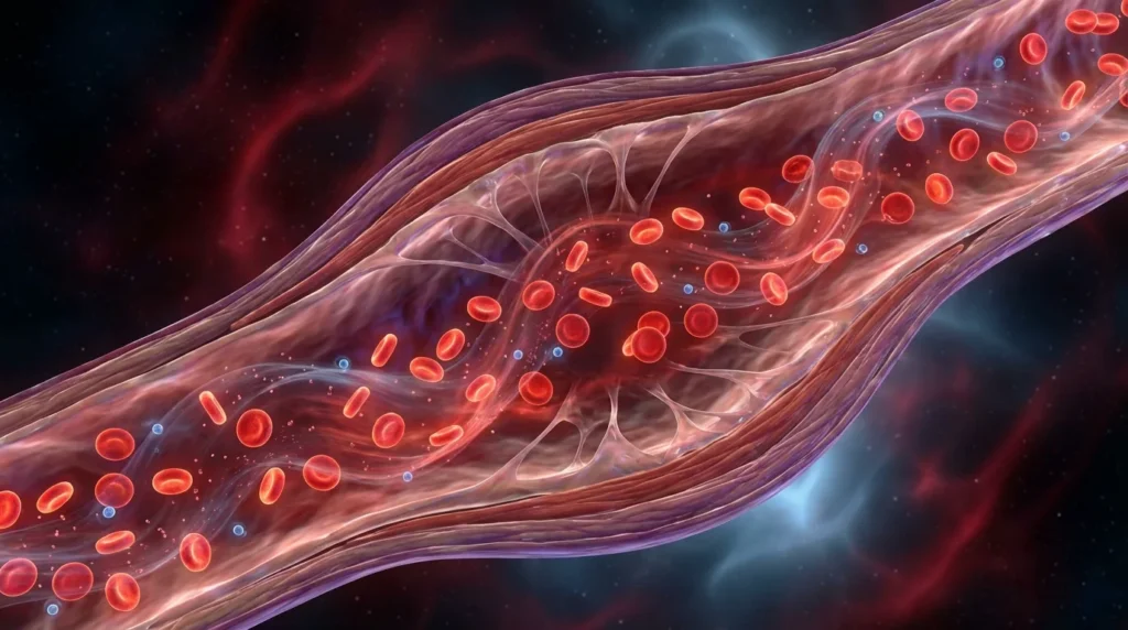 Blood cells flowing through vessel