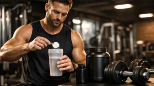 Athlete mixing BCAA drink in gym before training