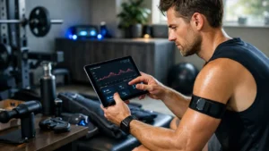 Athlete reviewing fitness biometrics on tablet in modern gym