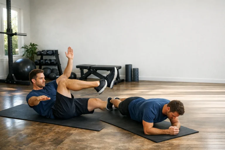Man performing beginner core workout exercises in home gym