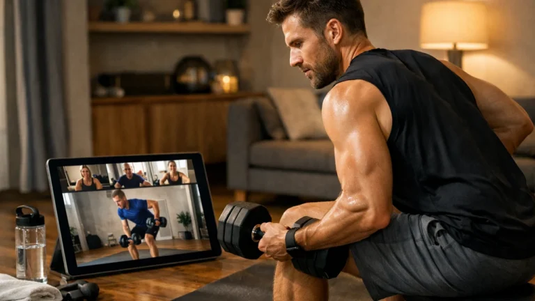 Athlete following virtual class on tablet while training at home