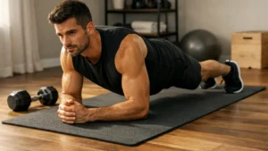 Athlete performing plank on high-grip yoga mat in home gym