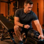 Man selecting adjustable dumbbells in a compact warm-orange home gym