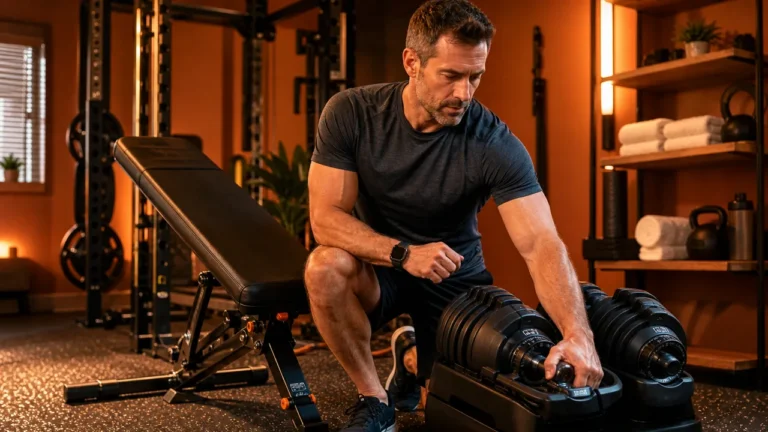 Adjustable Dumbbells for Home Gyms | What to Buy and Skip 3 Man selecting adjustable dumbbells in a compact warm-orange home gym